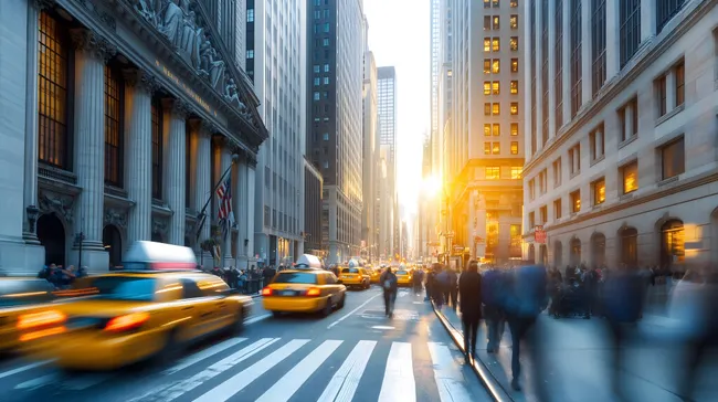 Geschäftiges New Yorker Stadtleben bei Sonnenuntergang