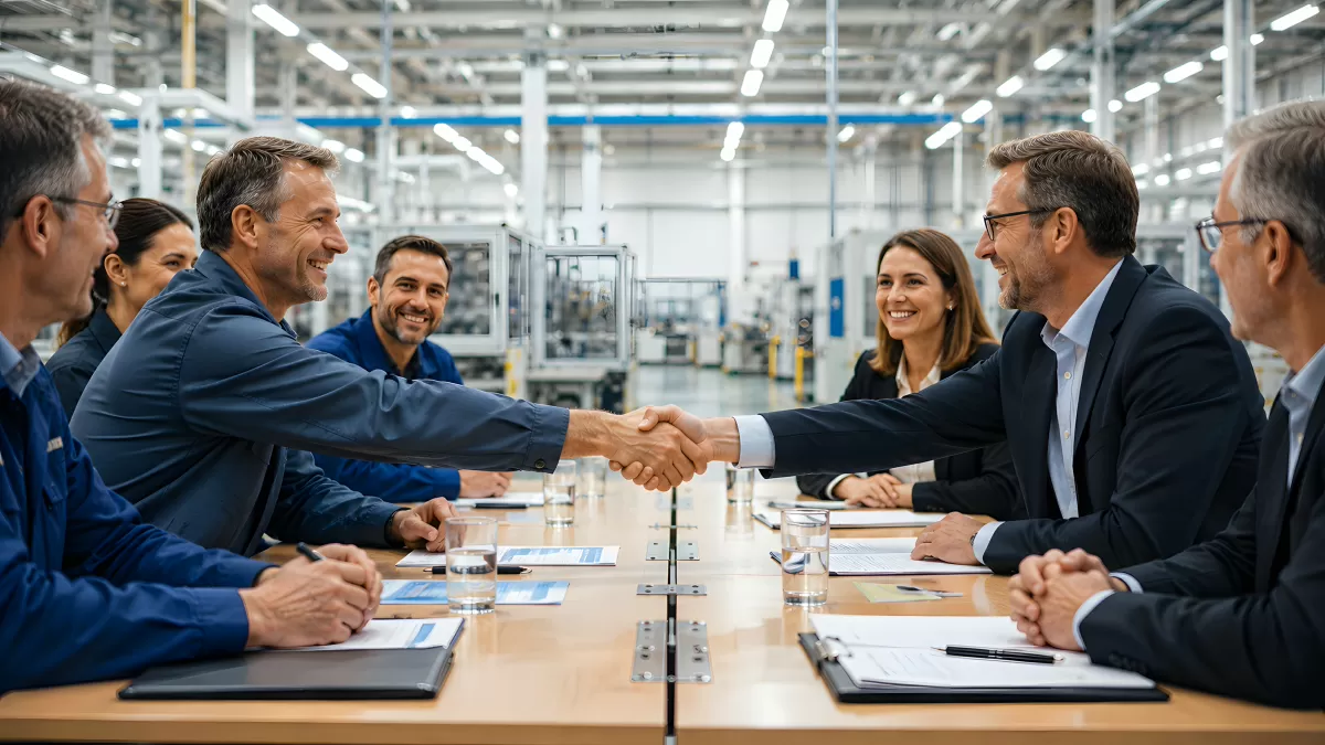 Geschäftsabschluss in moderner Industriehalle