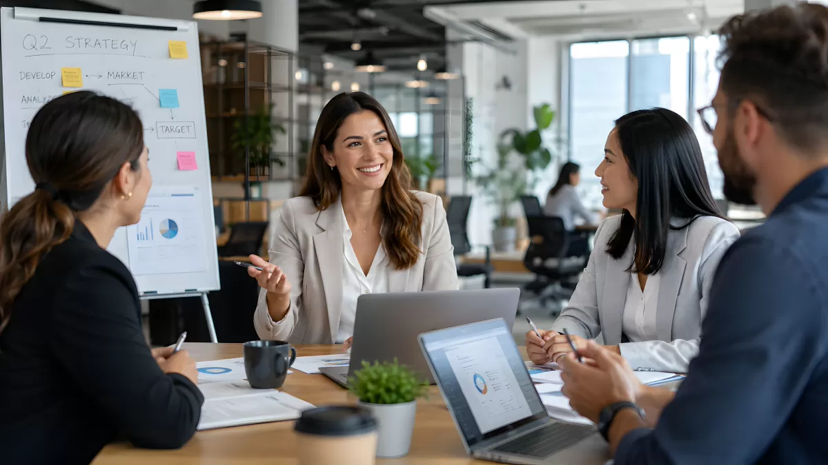 Geschäftsbesprechung mit Q2-Strategie im modernen Büro