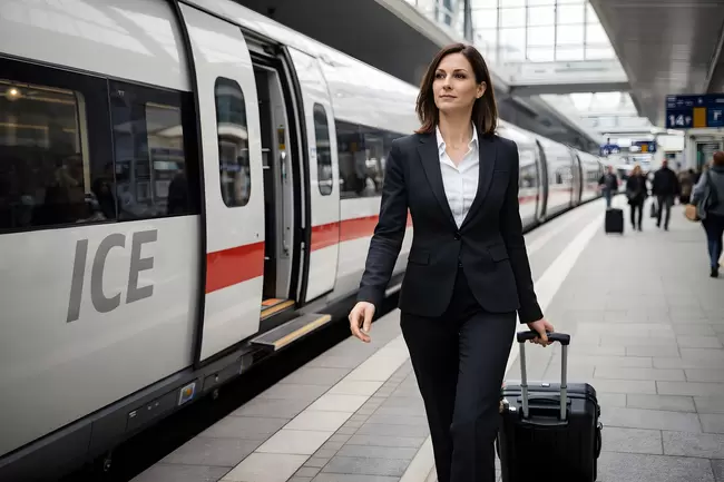 Geschäftsfrau am ICE-Bahnsteig der Deutschen Bahn