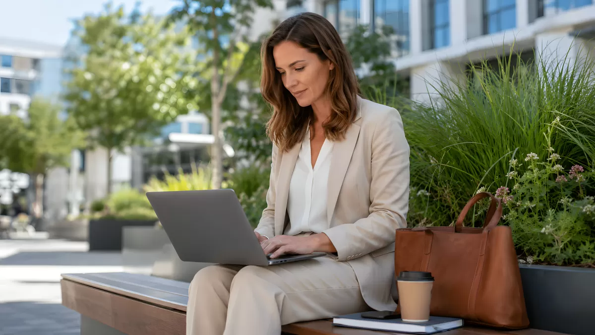 Geschäftsfrau arbeitet am Laptop im Freien