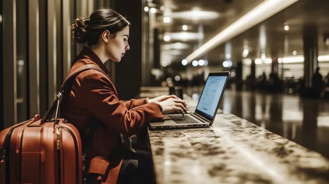 Geschäftsfrau arbeitet am Laptop in Flughafenlounge