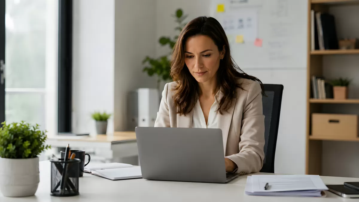 Geschäftsfrau arbeitet konzentriert am Laptop im Büro