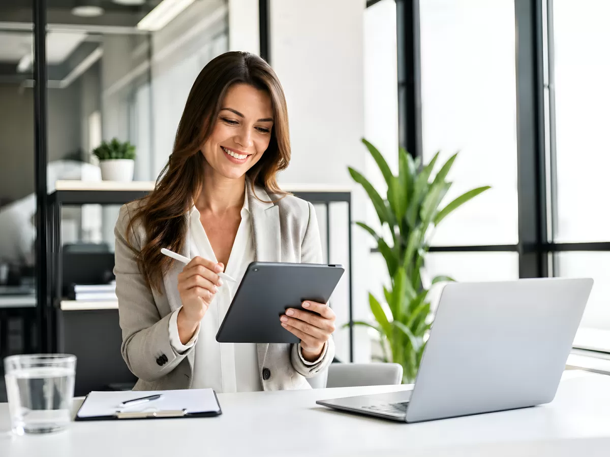 Geschäftsfrau arbeitet mit Tablet im modernen Büro