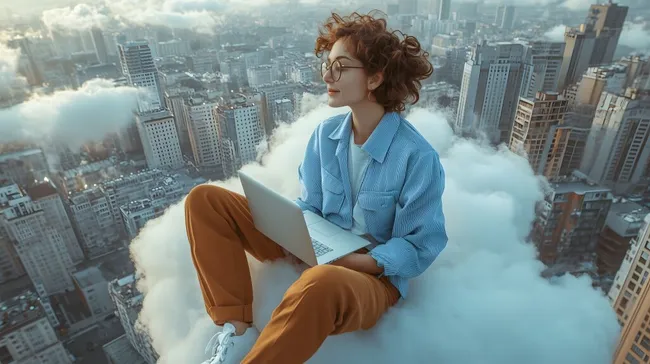 Geschäftsfrau entspannt auf Wolken über der Stadt