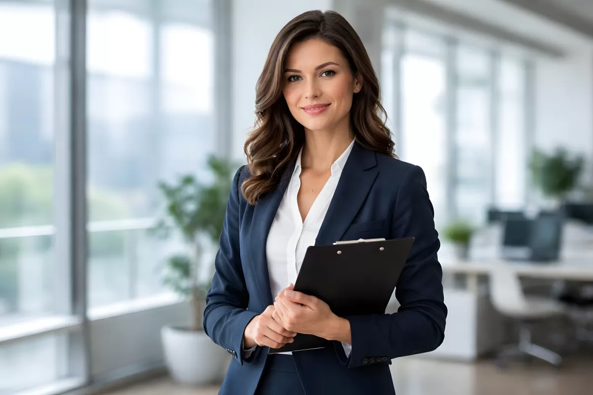Geschäftsfrau im Büro mit Klemmbrett und Blazer