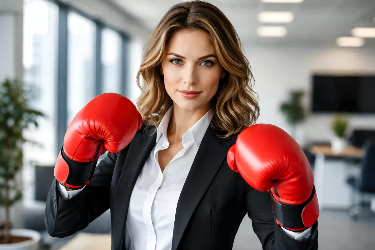 Geschäftsfrau in Anzug und Boxhandschuhen kostenlos herunterladen