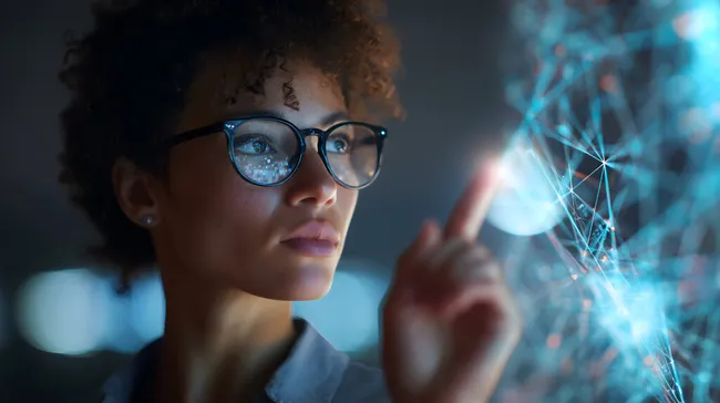 Geschäftsfrau interagiert mit futuristischem Digitalnetzwerk