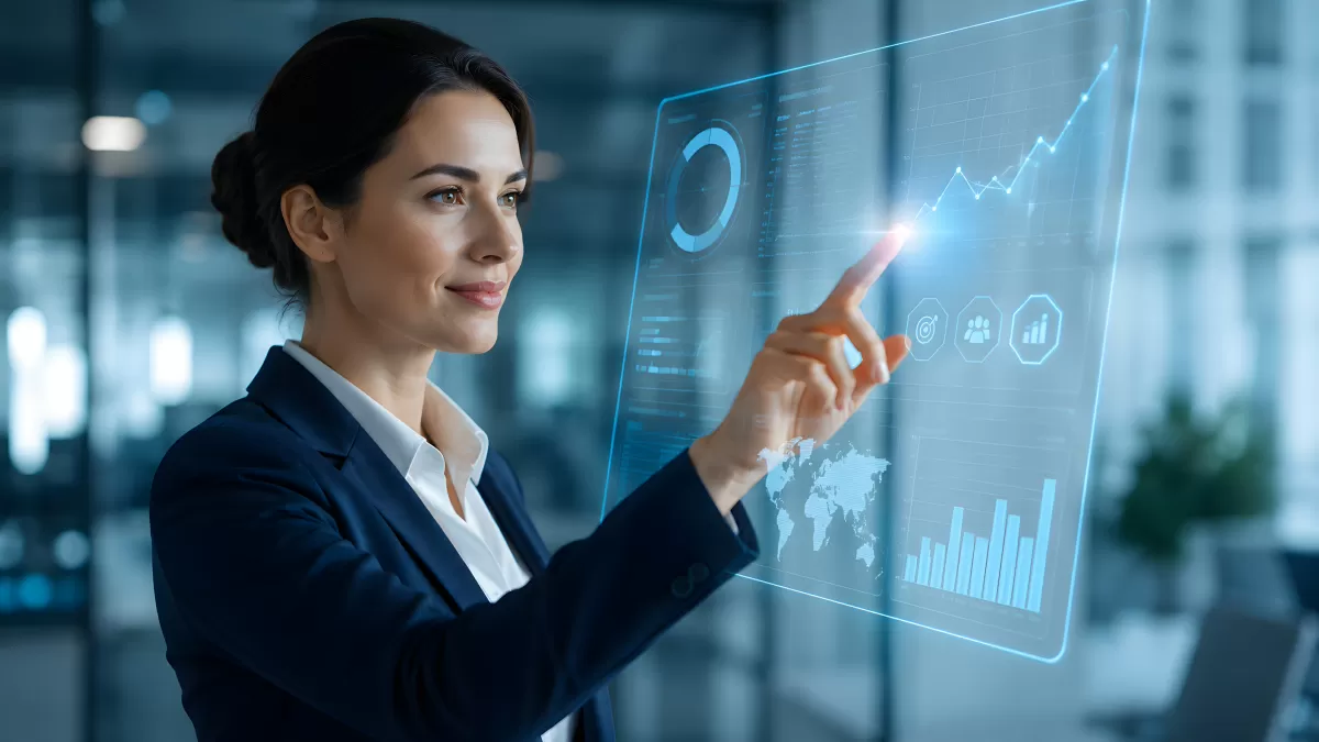 Geschäftsfrau interagiert mit holografischem Datendashboard