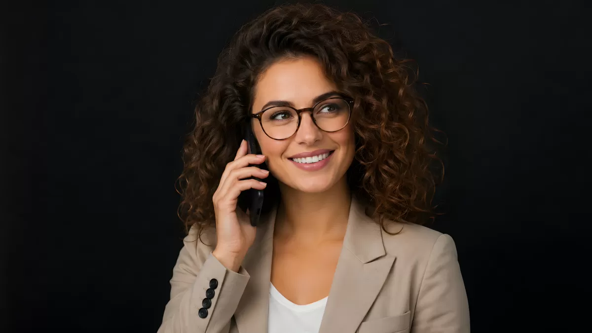 Geschäftsfrau mit Brille telefoniert lächelnd