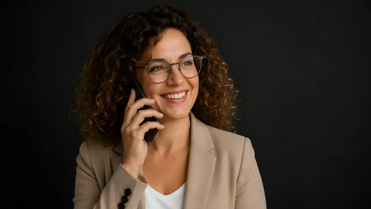 Geschäftsfrau mit Brille telefoniert und lächelt