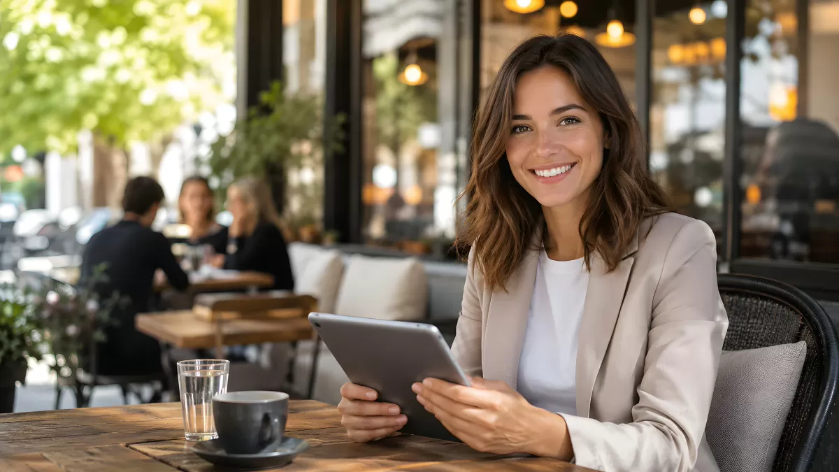 Geschäftsfrau mit Tablet im Straßencafé lächelt