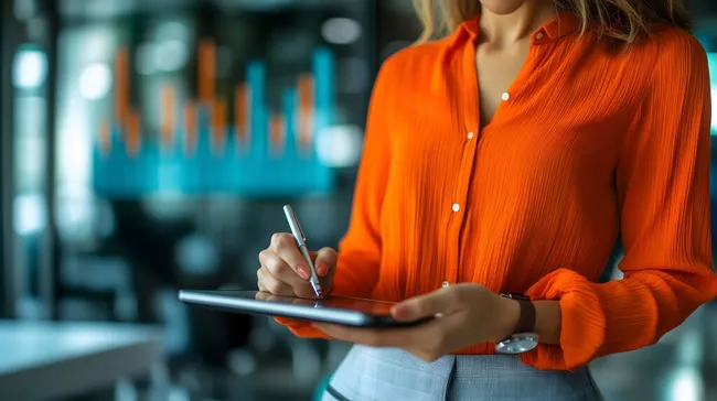 Geschäftsfrau mit Tablet-PC analysiert Finanzdaten