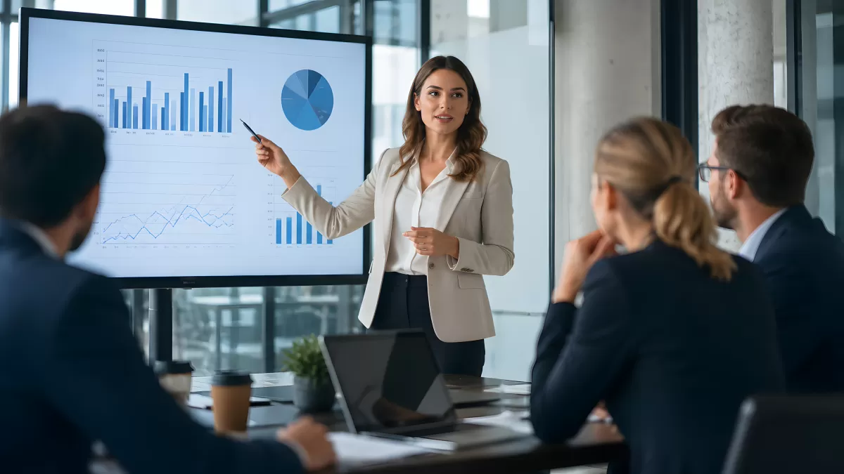 Geschäftsfrau präsentiert Diagramme im Meetingraum