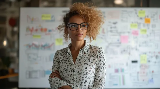 Geschäftsfrau präsentiert neue Strategie vor Whiteboard