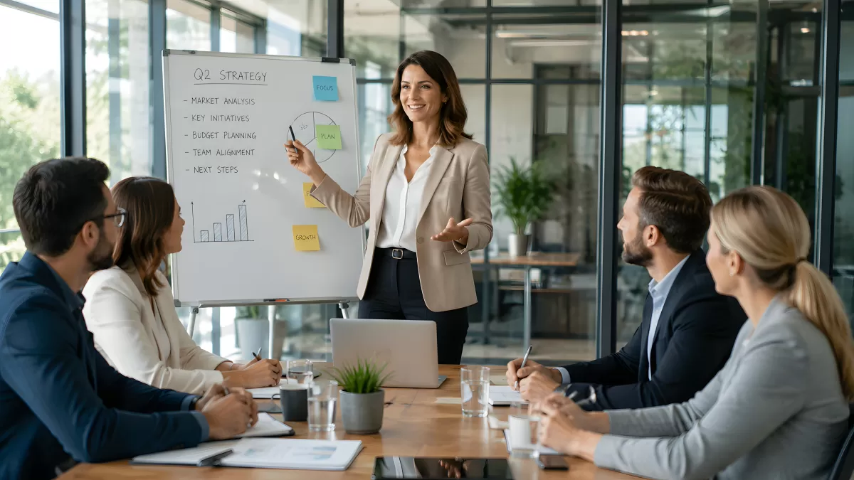 Geschäftsfrau präsentiert Q2-Strategie im Meetingraum