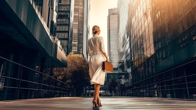 Geschäftsfrau spaziert durch futuristische Stadtkulisse