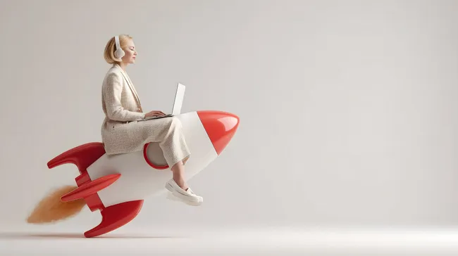 Geschäftsfrau startet mit Laptop auf Rakete