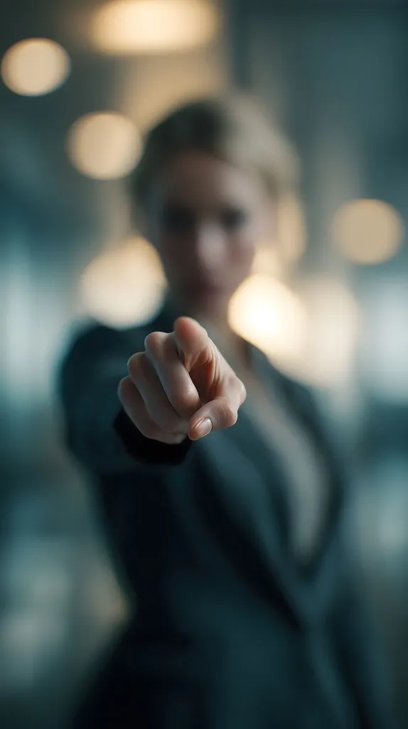 Geschäftsfrau zeigt entschieden in die Kamera