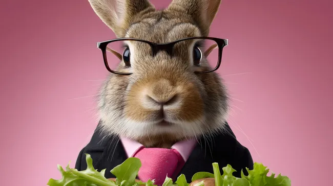 Geschäftskaninchen in Anzug und Brille isst frischen Salat