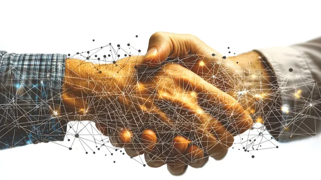 Geschäftskollegen schließen digitalen Handshake-Deal ab