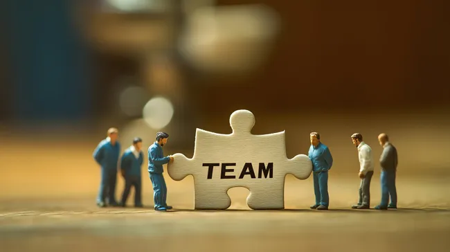 Geschäftskollegen tragen Puzzle-Stück mit Teamwork-Schriftzug