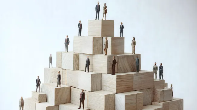 Geschäftsleute auf Holzpyramide als Hierarchie-Symbol