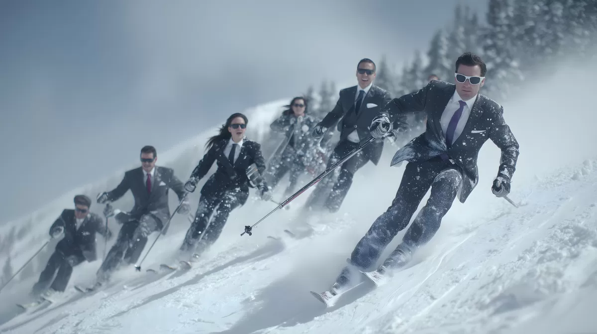 Geschäftsleute beim Skifahren auf verschneiter Piste
