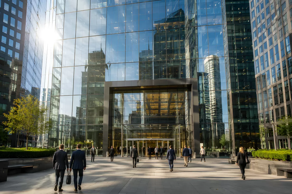 Geschäftsleute vor modernem Glasgebäude in der City