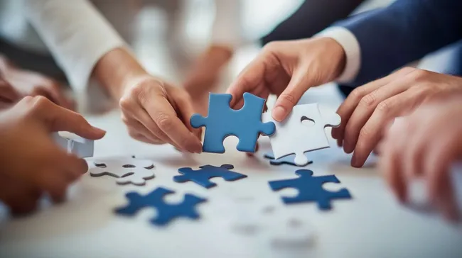 Geschäftsleute zusammen Puzzle lösen