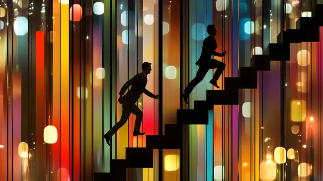 Geschäftsmänner steigen Treppe in bunter Kulisse hoch