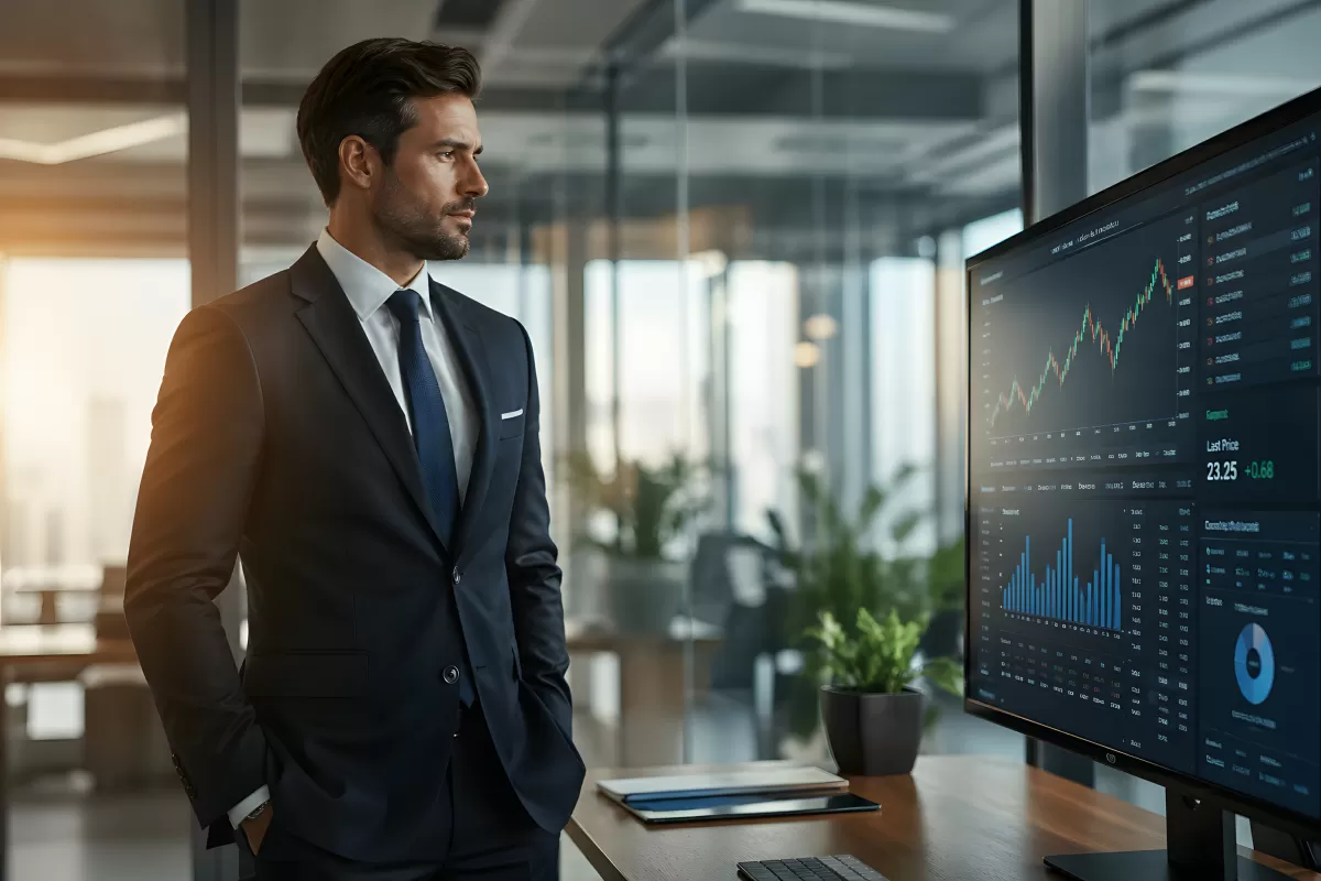 Geschäftsmann analysiert Börsenkurse am Monitor