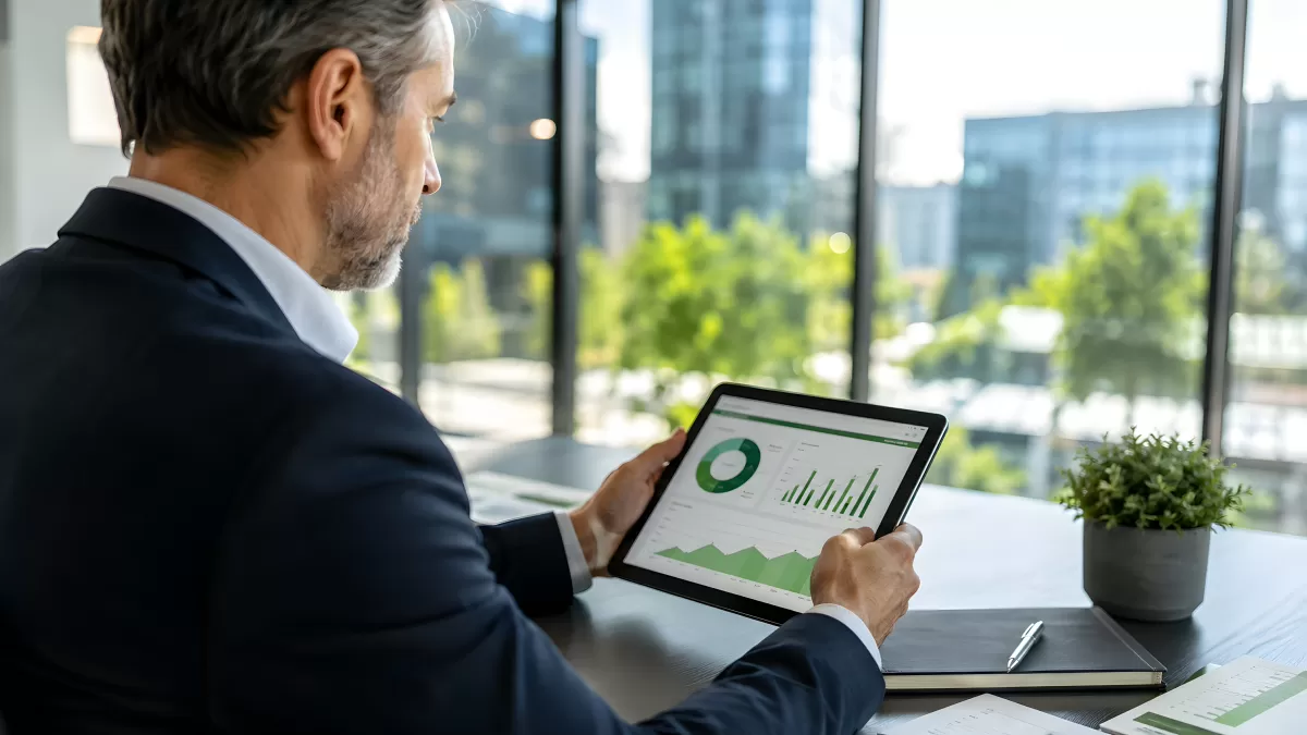 Geschäftsmann analysiert Finanzdaten auf dem Tablet