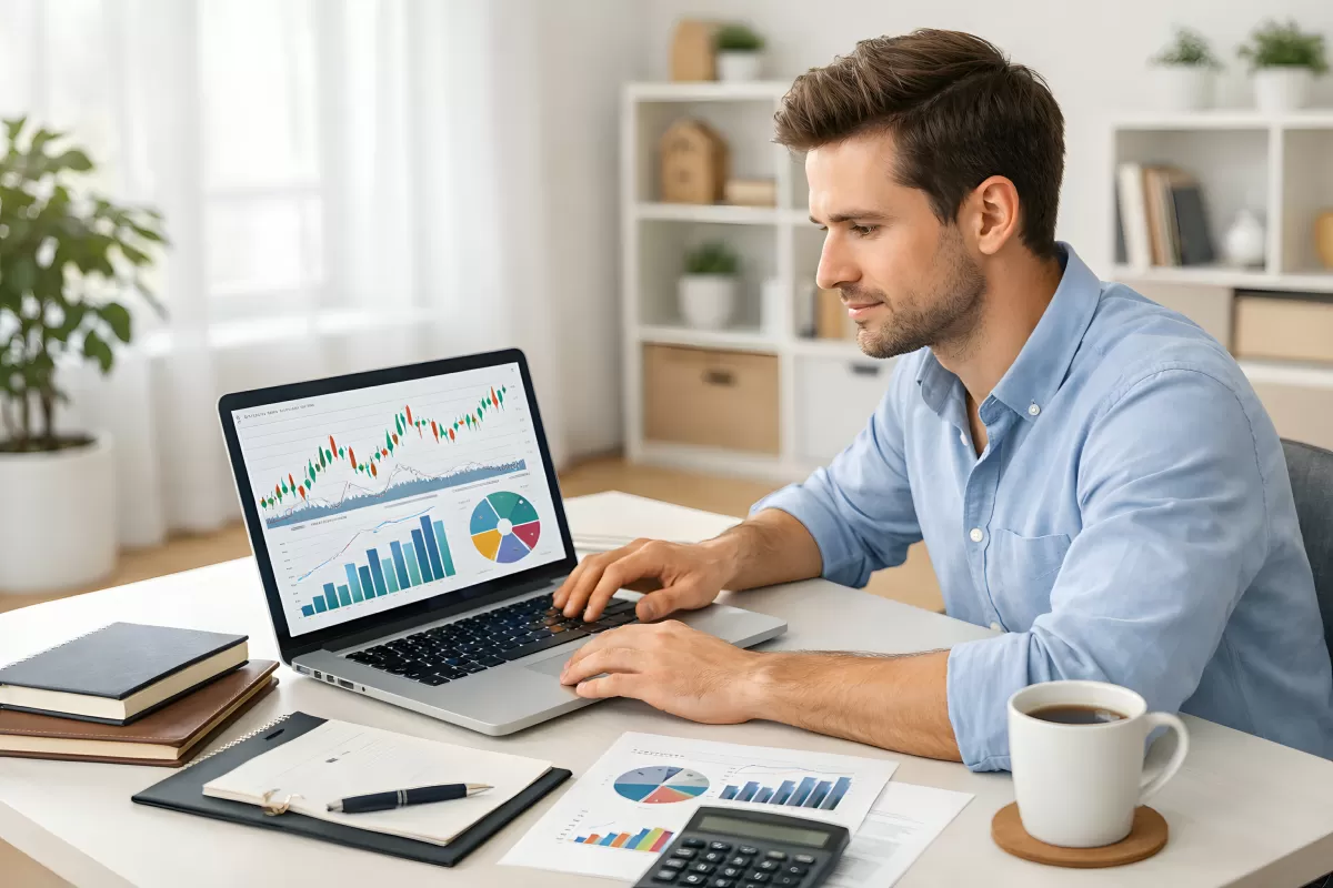 Geschäftsmann analysiert Finanzdaten auf Laptop