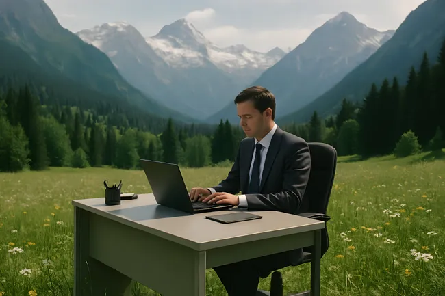 Geschäftsmann arbeitet konzentriert in der Natur