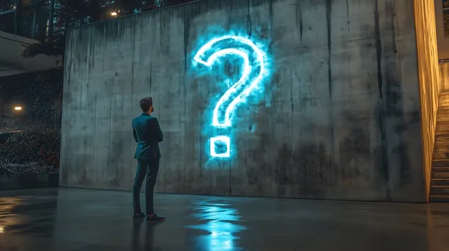 Geschäftsmann betrachtet leuchtendes Fragezeichen an Betonwand