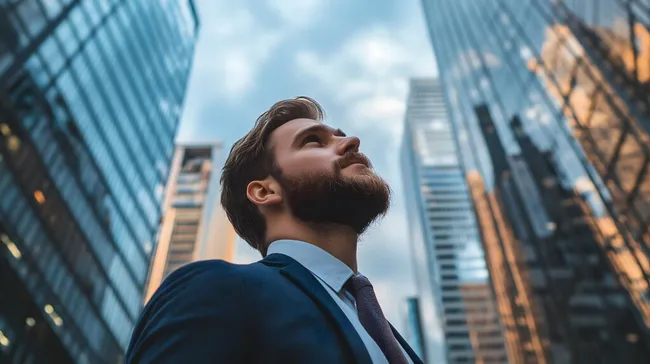 Geschäftsmann betrachtet moderne Architektur auf Erfolgssuche