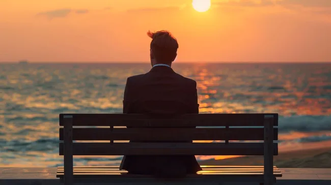 Geschäftsmann betrachtet Sonnenuntergang am Meer