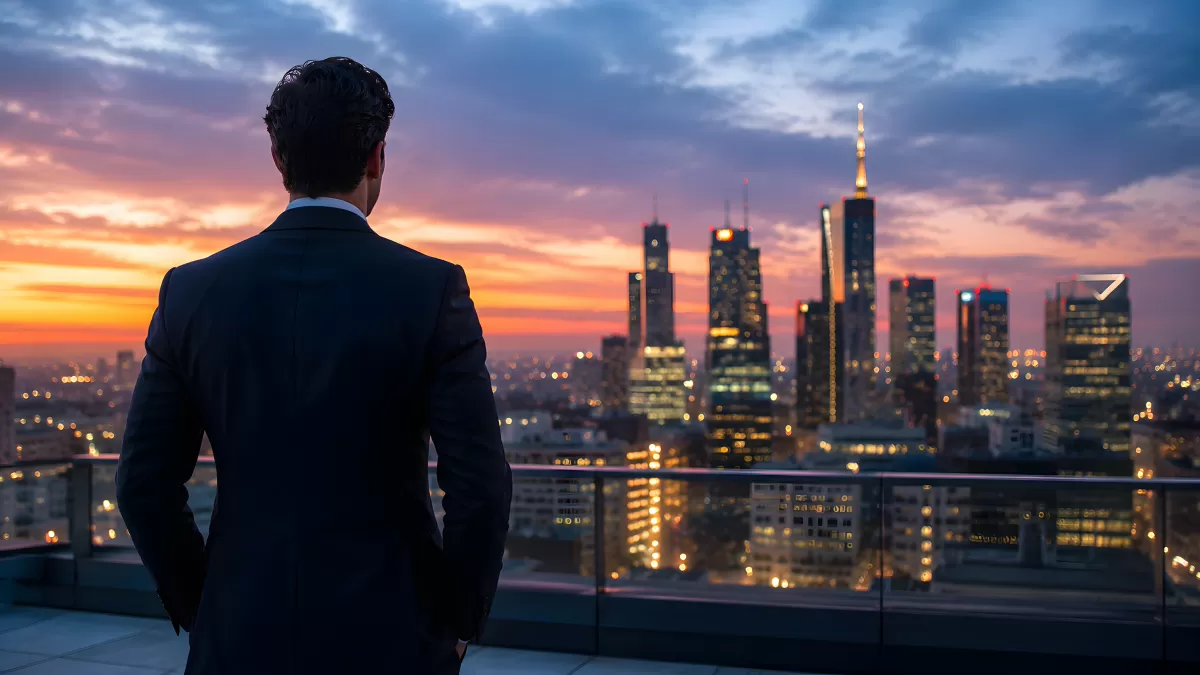 Geschäftsmann betrachtet Stadtpanorama bei Sonnenuntergang