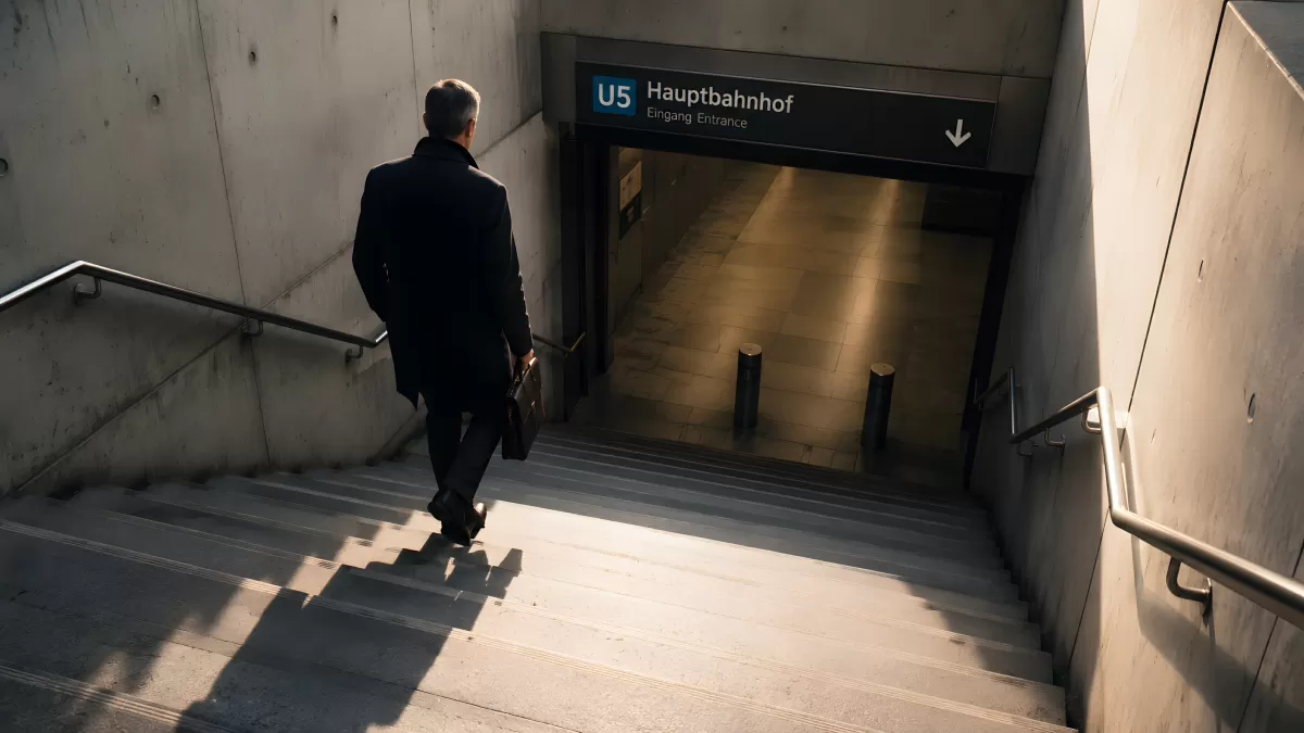 Geschäftsmann betritt U5-Station Hauptbahnhof
