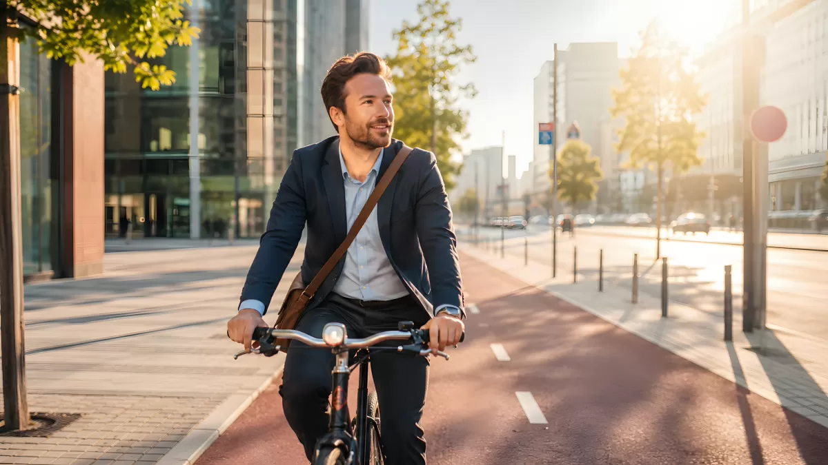 Geschäftsmann fährt Fahrrad auf rotem Stadtradweg