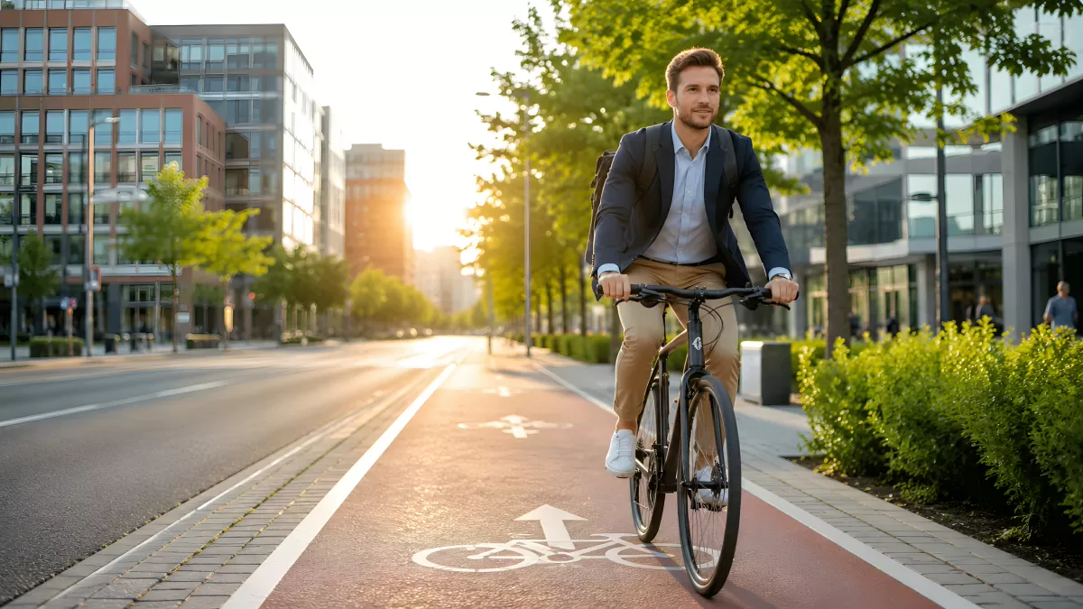 Geschäftsmann fährt Fahrrad auf Stadtradweg im Morgenlicht