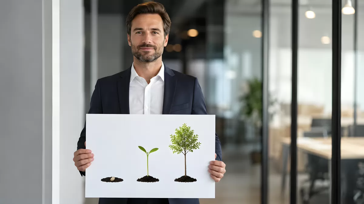 Geschäftsmann hält Schild mit Pflanzenwachstum-Grafik