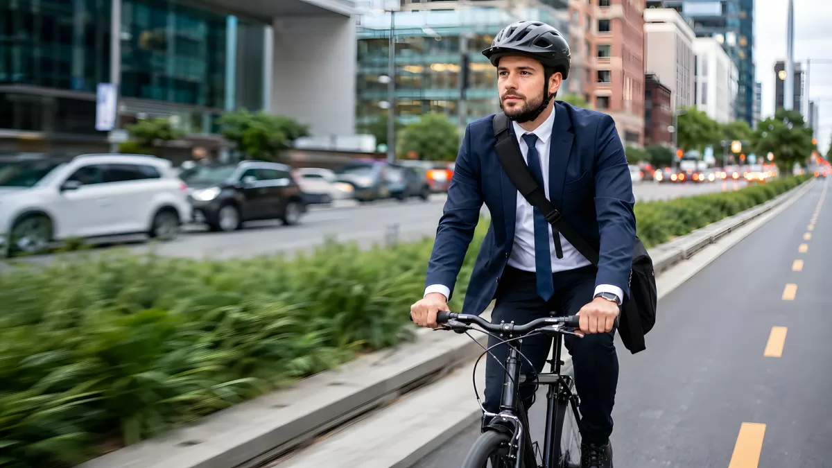Geschäftsmann im Anzug fährt Fahrrad in der Stadt