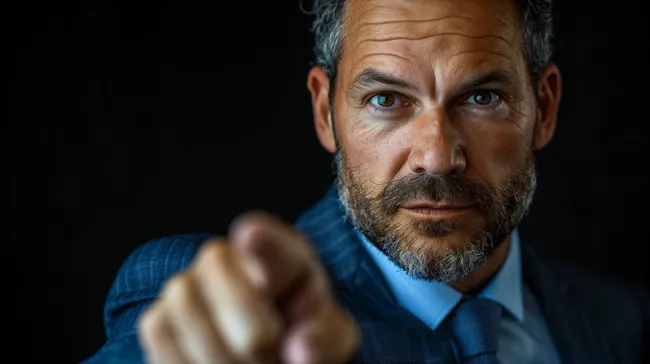 Geschäftsmann im Anzug zeigt auf den Betrachter