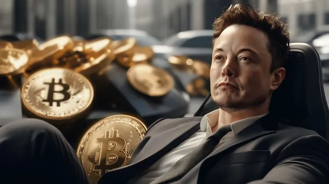 Geschäftsmann in Büro mit Bitcoin-Münzen