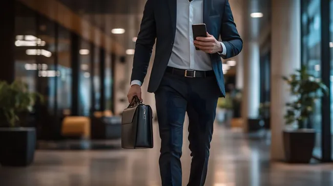 Geschäftsmann in modernem Bürogebäude mit Smartphone und Aktenkoffer