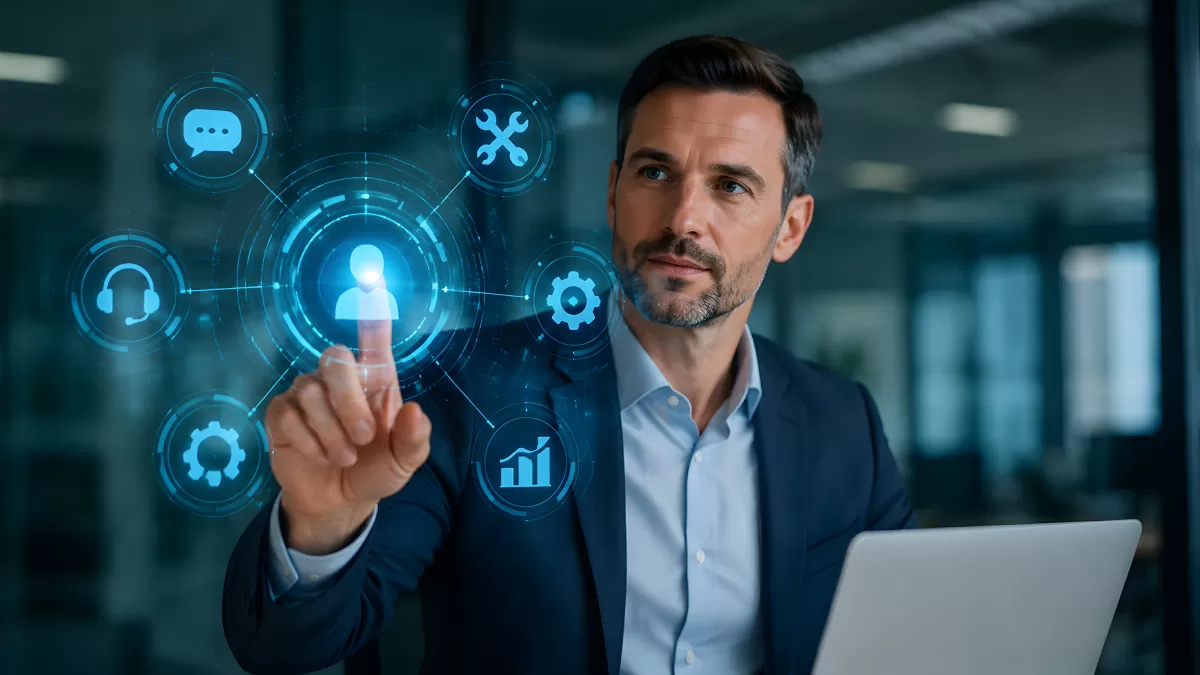 Geschäftsmann interagiert mit digitalem Technologie-Interface