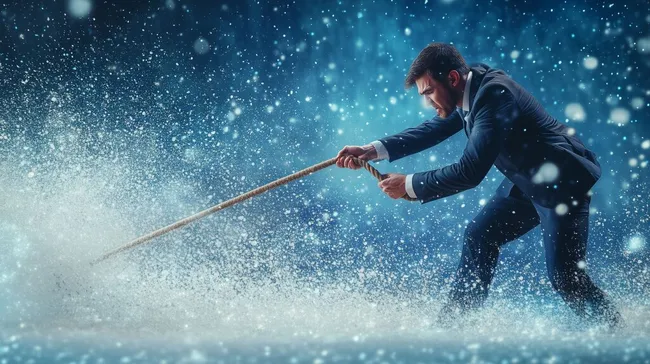 Geschäftsmann kämpft im Schneesturm beim Tauziehen