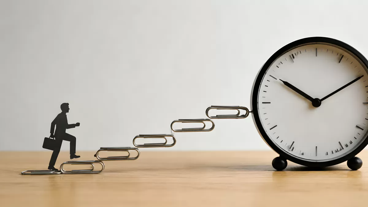 Geschäftsmann klettert Büroklammer-Treppe zur Uhr